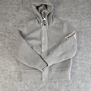 Hooded Jacket Mens LARGE Gray 4 Bar Knit Zip Snap Front Lined Pockets